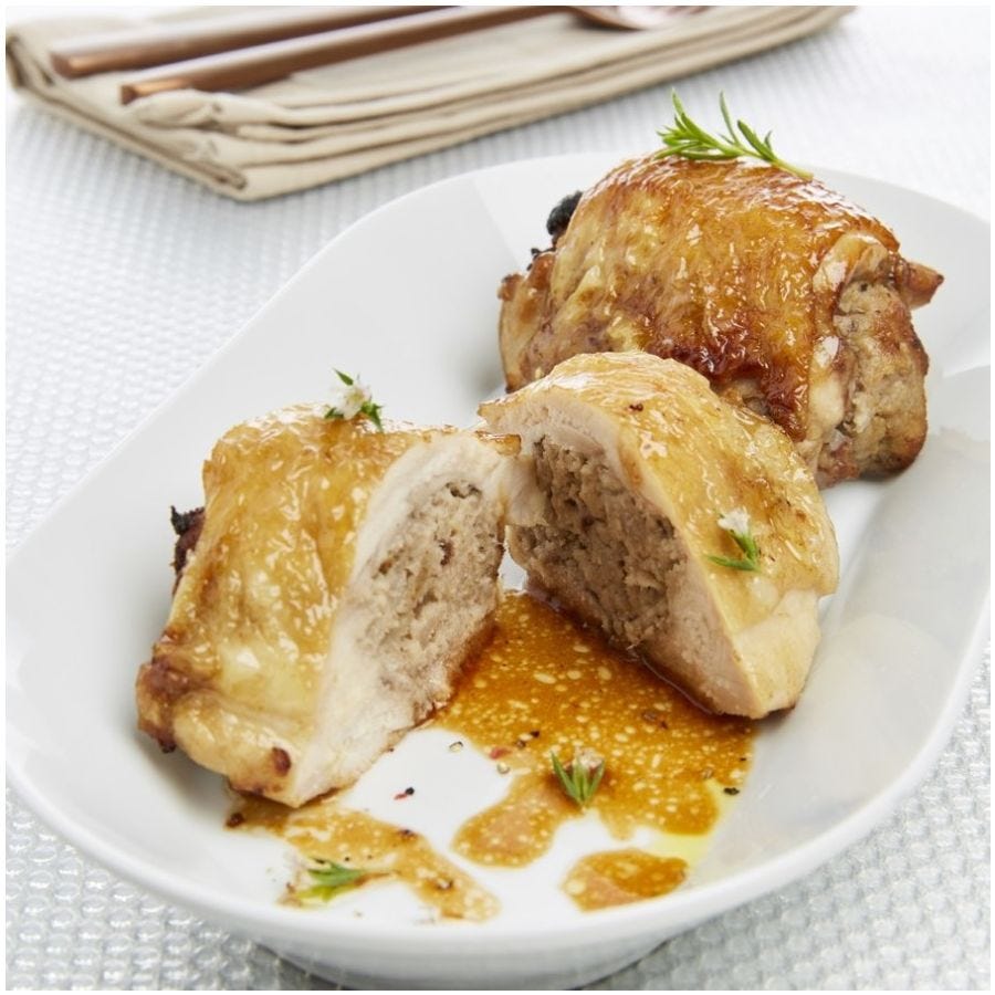 Moelleux de poulet farce marron et raisin