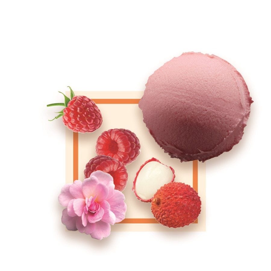 Sorbet plein fruit litchi framboise rose artisanal