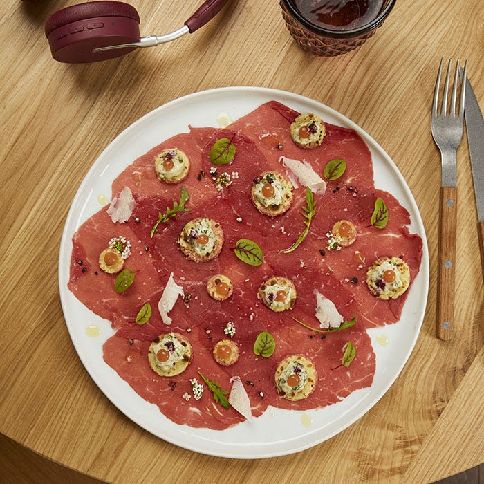 carpaccio boeuf angus blinis socca tomate